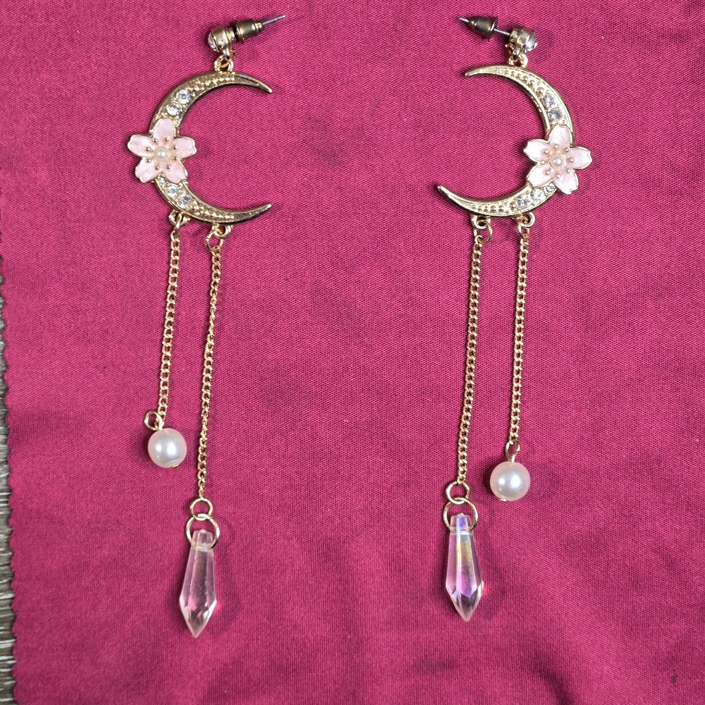 Vintage Crescent Moon Dangle Earrings Flower Pearl Charms Gold Tone Crystal